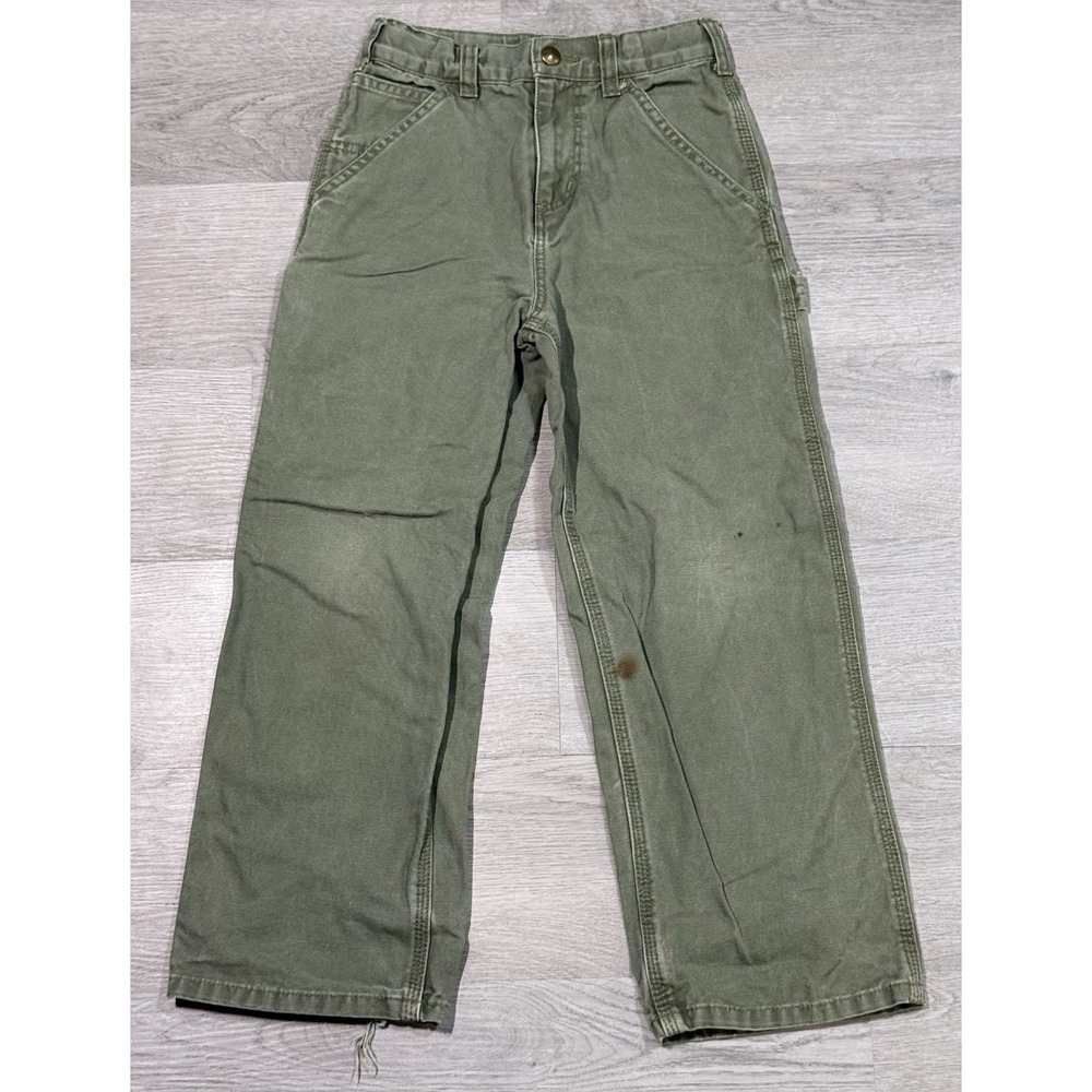 Vintage Carhartt Carpenter Work Pants Kids Youth Size 7 Green Canvas Distressed